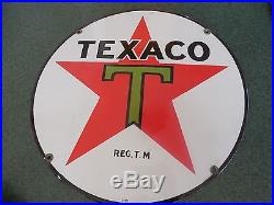 100% ORIGINAL 1930 TEXACO PORCELAIN GAS PUMP SIGN LARGE 15'' Dia HEAVY SHELVING