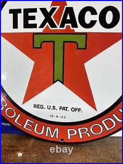 10-6-33 Vintage''texaco'' Gas & Oil Pump Plate 12 Inch Porcelain Sign