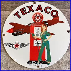 11.75 Texaco Aviation Porcelain Gas Pump Plate Lubester Sign. Pin Up Girl. Ww2