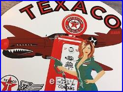 11.75 Texaco Aviation Porcelain Gas Pump Plate Lubester Sign. Pin Up Girl. Ww2