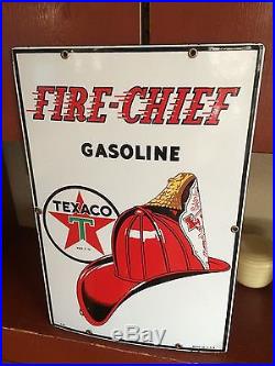 1940 Vintage WW2 ERA TEXACO Gasoline Porcelain FIRE CHIEF Gas Pump Sign, 1ST YEAR