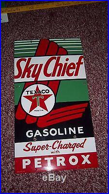 1955 NOS Original Sky Chief TEXACO Petrox Gas Pump Gasoline PORCELAIN SIGN 21X12