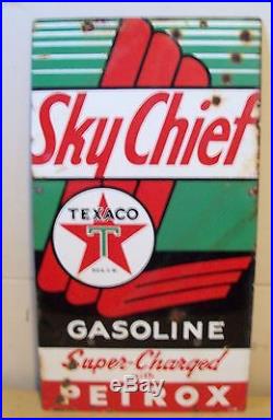 1958 Sky Chief Texaco Gasoline Sign Super-Charged Petrox Gas Pump Porcelain Sign