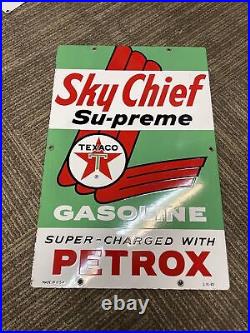 1963 TEXACO Sky Chief Supreme Gasoline Porcelain Gas Pump Plate CLEAN