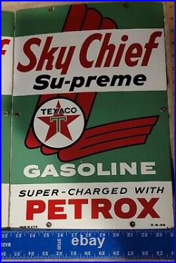 (2) 1959 TEXACO Sky Chief Supreme Gasoline Porcelain Gas Pump Plate Signs