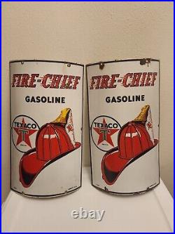 2 Antique USA 1940 TEXACO FIRE CHIEF Porcelain CURVED Signs Gas Pump Station