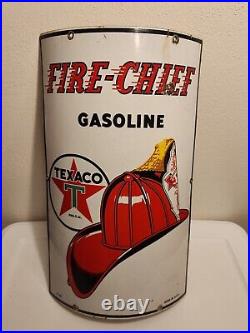 2 Antique USA 1940 TEXACO FIRE CHIEF Porcelain CURVED Signs Gas Pump Station