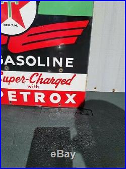 (2) ORIGINAL 1957 Sky Chief Texaco Petrox Gasoline Porcelain Gas Oil Pump Signs