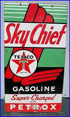 (2) ORIGINAL 1957 Sky Chief Texaco Petrox Gasoline Porcelain Gas Oil Pump Signs