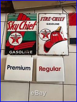 2 Porcelain Texaco Signs From Adjacent Gas Pumps 3/10/1947 Fire Chief Sky Chief
