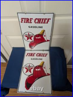 2 TEXACO vintage FIRE CHIEF gas pump porcelain plates 3/8/63 & 3/4/58 nice cond