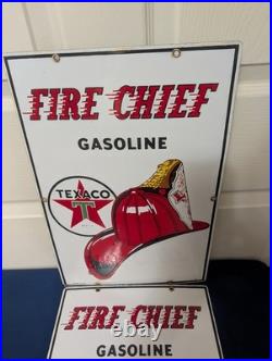 2 TEXACO vintage FIRE CHIEF gas pump porcelain plates 3/8/63 & 3/4/58 nice cond
