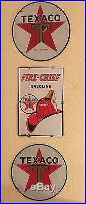 2 Texaco T 15 SSP Signs & 1947 FIRE CHIEF GASOLINE PORCELAIN GAS PUMP SIGN