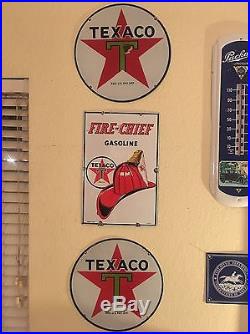 2 Texaco T 15 SSP Signs & 1947 FIRE CHIEF GASOLINE PORCELAIN GAS PUMP SIGN