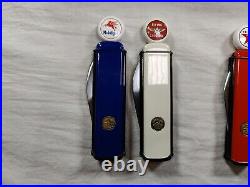 6 Franklin Mint Gas Pump Collector Knifes withDisplay Case Texaco Mobilgas, Etc