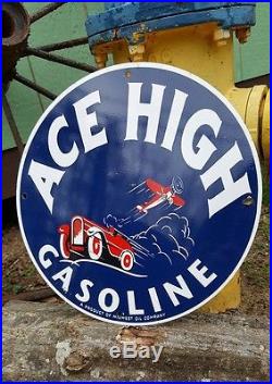 ACE HIGH GASOLINE enamel sign speed racing aviation fuel vintage gas pump plate