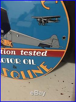 ATLANTIC MOTOR OIL & GASOLINE enamel sign vintage aviation racing gas pump plate