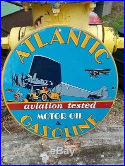 ATLANTIC MOTOR OIL & GASOLINE enamel sign vintage aviation racing gas pump plate