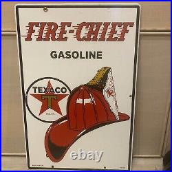 Authentic 1990 Texaco Fire Chief Porcelain Gas Pump Plate Sign 18 x 12 Original
