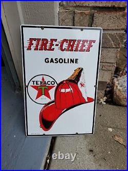 C. 1990 Original Vintage Texaco Fire Chief Sign Metal Porcelain Pump Plate Gas