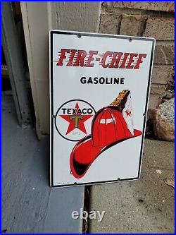 C. 1990 Original Vintage Texaco Fire Chief Sign Metal Porcelain Pump Plate Gas