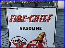 Early 1940 Texaco Fire Chief Enamel Sign Gas Pump Porcelain 18 x 12