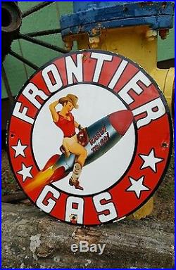 FRONTIER GASOLINE enamel sign vintage aviation racing gas pump plate motor oil