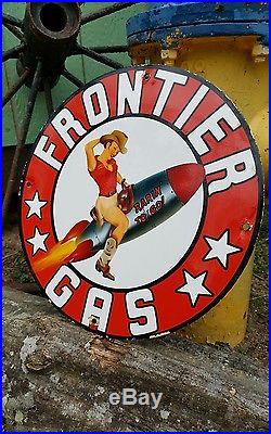 FRONTIER GASOLINE enamel sign vintage aviation racing gas pump plate motor oil