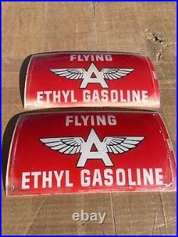 Flying A Gas Station Pump Glass Lens NICE Pair Original Vintage Signs Veedol