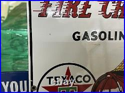 GUARANTEED ORIGINAL 1960 TEXACO FIRE CHIEF Pump Plate PORCELAIN Advertising OLD