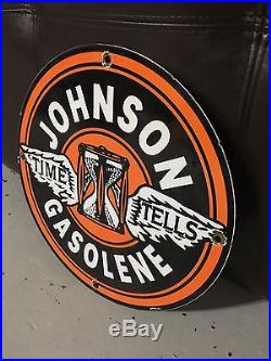 Johnson galolene porcealin enamel sign vintage aviation racing gas pump plate