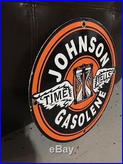 Johnson galolene porcealin enamel sign vintage aviation racing gas pump plate