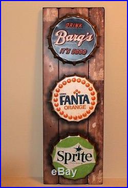 Large 30 BOTTLE CAPS ON PLANK WOOD Sprite Barqs Fanta Diner Soda Man Cave Shop