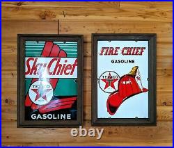 Lot of 2 Vintage Texaco Gas Pump Plate Porcelain Metal Signs Sky Fire Chief 1956
