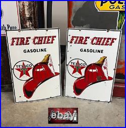 MATCHING PAIR of 1950's TEXACO Fire Chief Porcelain Gas Pump Plate Signs