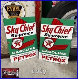 MATCHING PAIR of 1950's TEXACO Sky Chief Porcelain Gas Pump Plate Signs