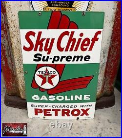 MATCHING PAIR of 1950's TEXACO Sky Chief Porcelain Gas Pump Plate Signs