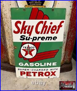 MATCHING PAIR of 1950's TEXACO Sky Chief Porcelain Gas Pump Plate Signs