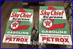 MATCHING PAIR of 1960s TEXACO Sky Chief Porcelain Gas Pump Plate Signs 60 And 65