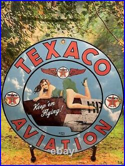 Old 1942 Vintage Texaco Aviation Pin Up Gasoline Porcelain Sign Gas Pump Station