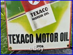 Old Vintage 1936 Texaco Motor Oil Porcelain Gas Pump Advertising Sign