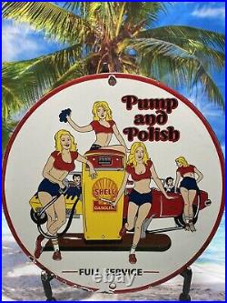 Old Vintage Dated 1964 Shell Service Gasoline Porcelain Gas Motor Oil Pump Sign