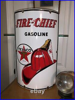 Original 1940 Vintage TEXACO FIRE CHIEF Large Curved Porcelain Gas Pump Sign