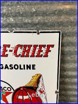 Original 1940s TEXACO FIRE CHIEF Porcelain Gas Pump Plate Sign Gas & Oil