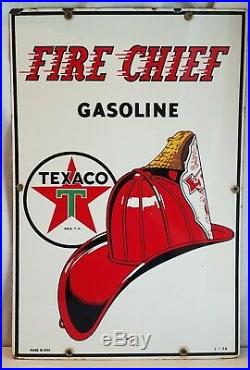 Original 1958 TEXACO Fire Chief Gasoline Gas Pump Plate 18×12 Porcelain Sign