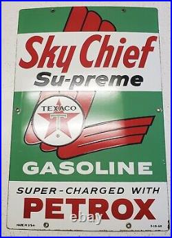 Original 1960 Texaco Sky Chief Gasoline Porcelain Pump Plate Sign + Sticker