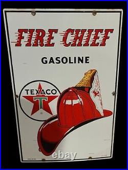Original 1962 Texaco Fire Chief Gasoline Porcelain Pump Plate Sign 12×18