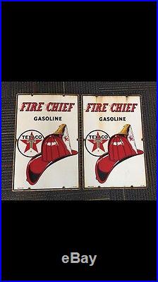 Original Matching Pair Texaco Fire Chief Porcelain Gas Pump Plate Sign 1965