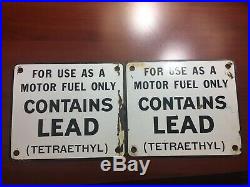 Original Porcelain Gas Pump Sign Contains Lead Tetraethyl, Set of 2 Texaco Mobil