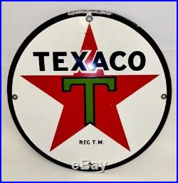 Original Texaco Gas Pump Sign 11 3/4 Porcelain Gasoline & Oil Green Red Vintage